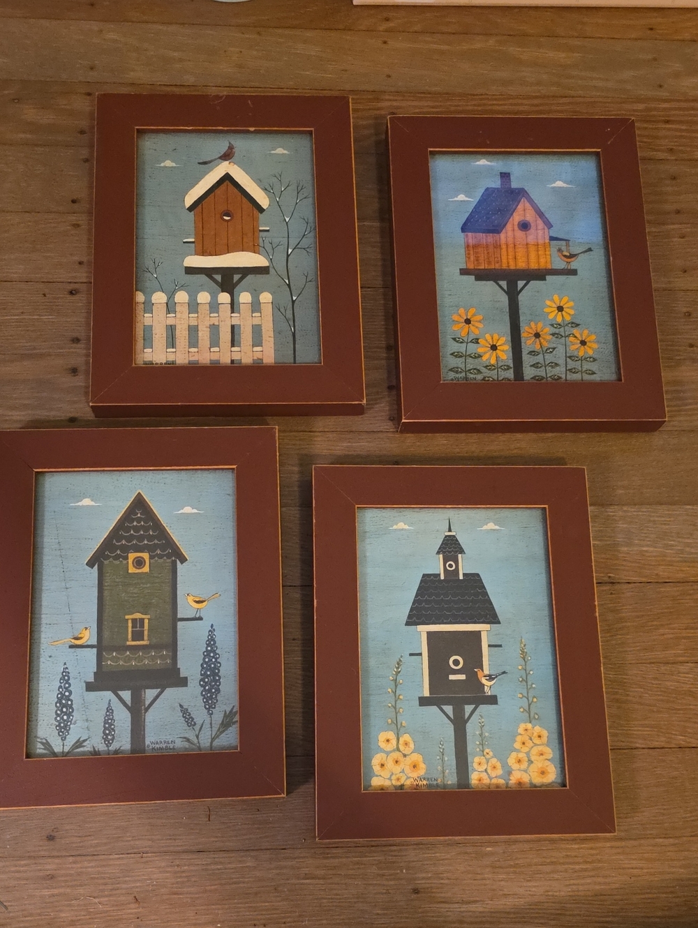 Warren Kimbel Framed Birdhouse Wall Art Prints - Set 4.  Folk Art/ Rustic
